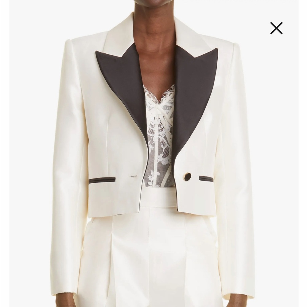 Zimmermann White and Black Cropped Satin Blazer Jacket